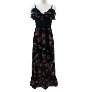 Women's Small Whimsical Black Goth Purple Fairy Slip Ruffle Maxi Overlay Dress
